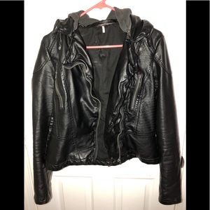 FREE PEOPLE Black Leather Jacket! Hood zips off